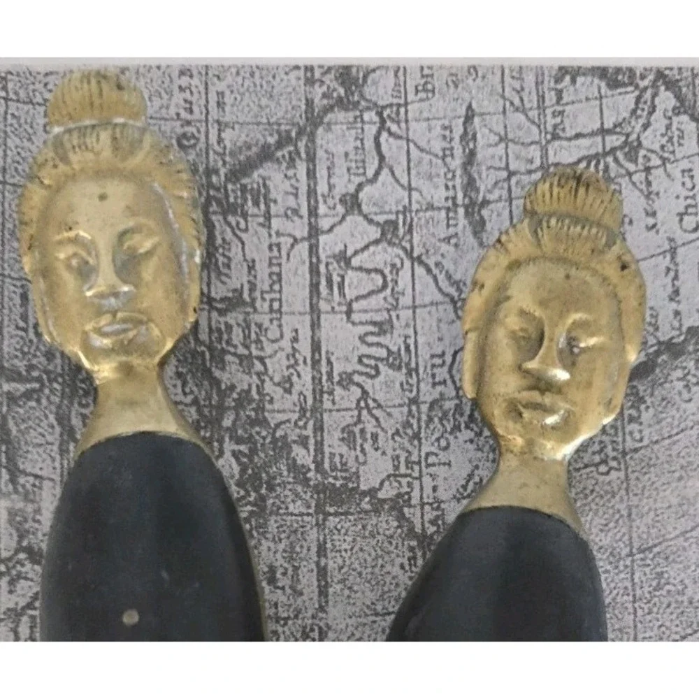 Antique Asian Woman - Brass & Teak Wood‎ Service Spoon & Fork - SZ L 12